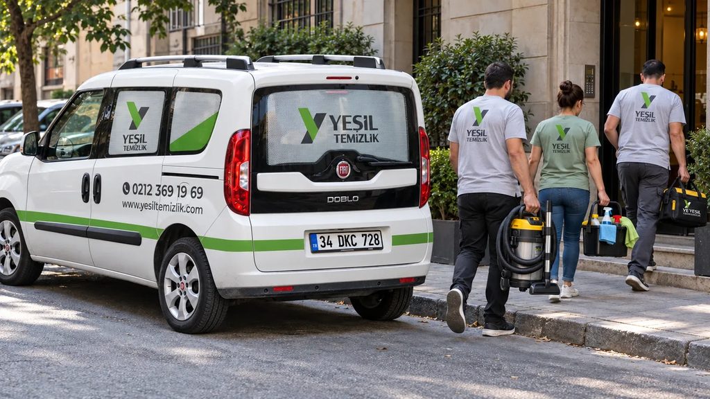 Yeşil Temizlik ekibi logolu Doblo aracın yanından ıslak vakum makinesi ve malzem